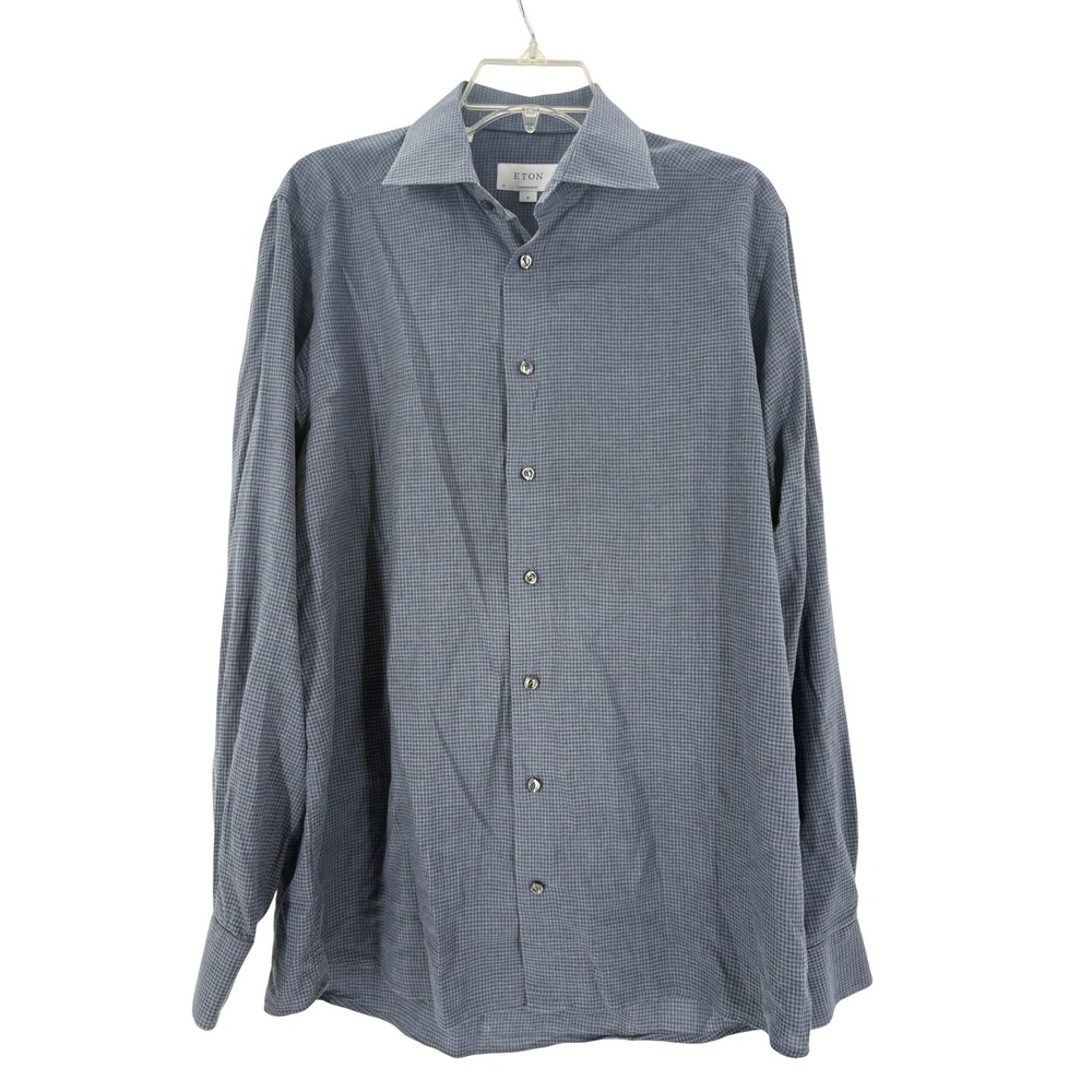 Eton Contemporary Mens Long Sleeve Dress Shirt Blue Checkered Pattern Size M